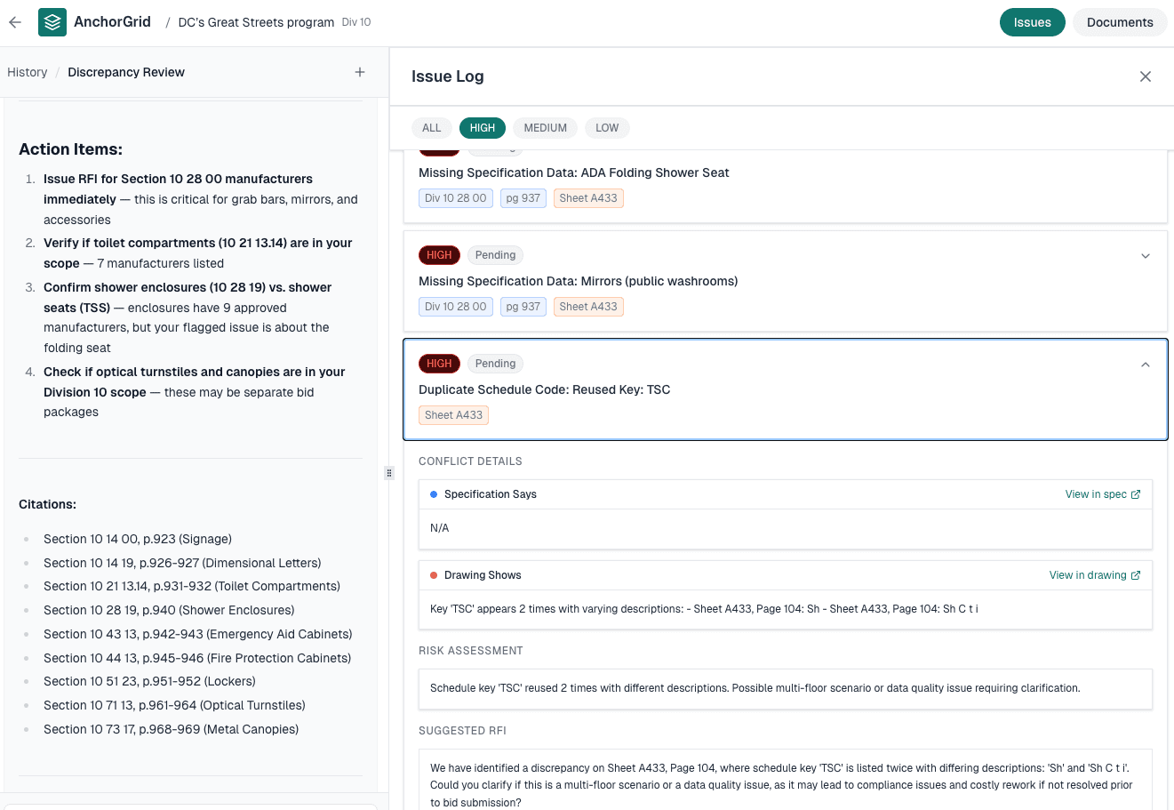 Scope Conflict Analysis listing action items and citations alongside the issue log.