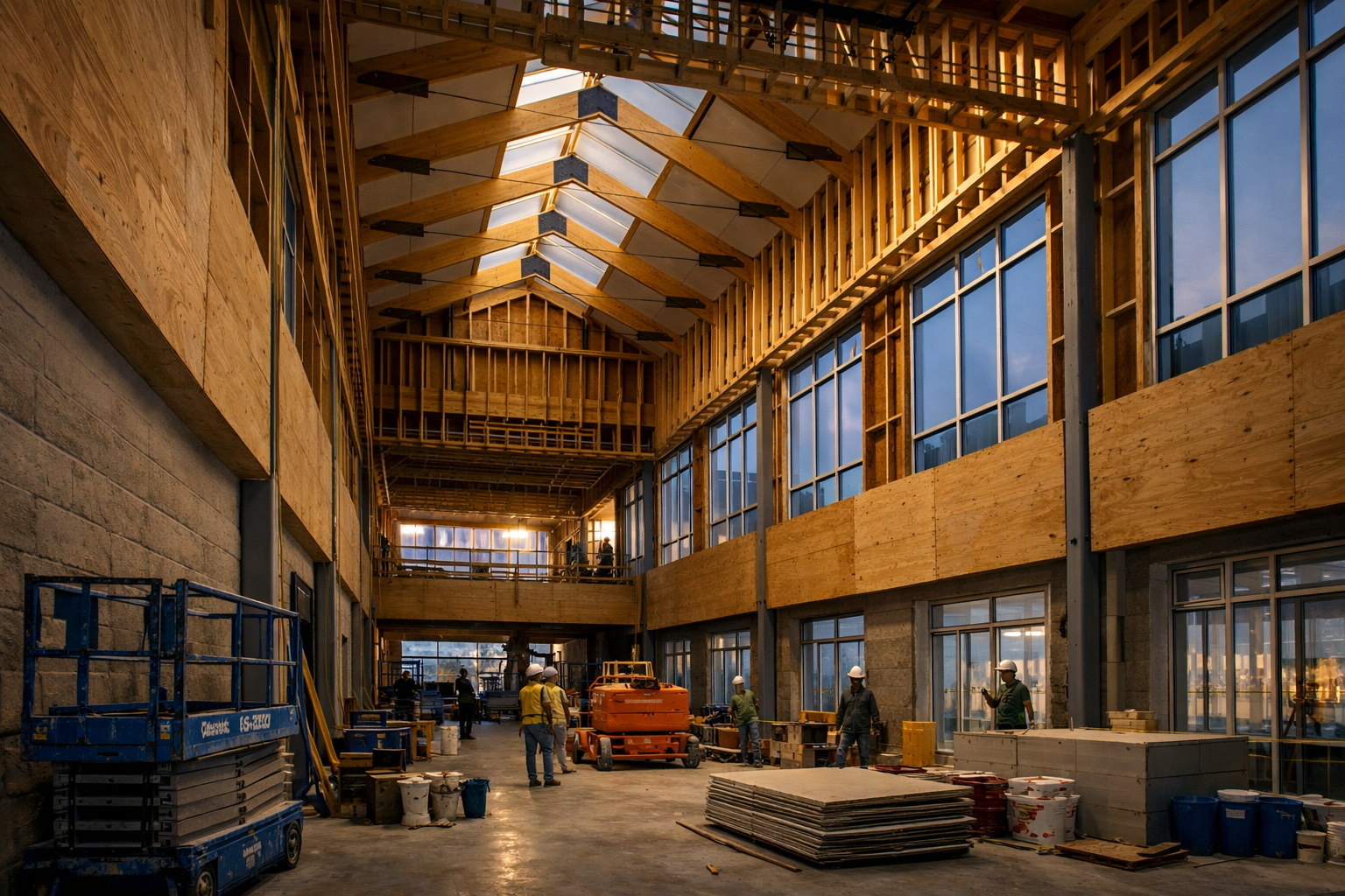 Professional reviewing construction plans at desk with view of construction site